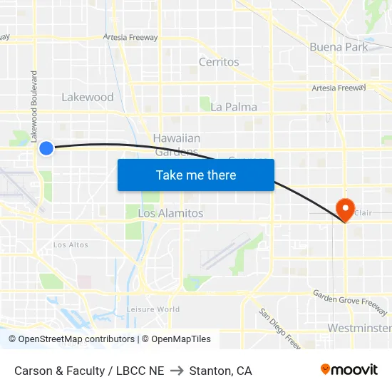 Carson & Faculty / LBCC NE to Stanton, CA map