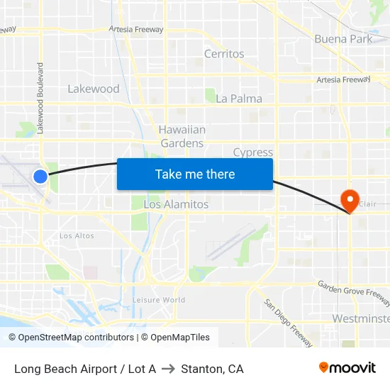 Long Beach Airport / Lot A to Stanton, CA map