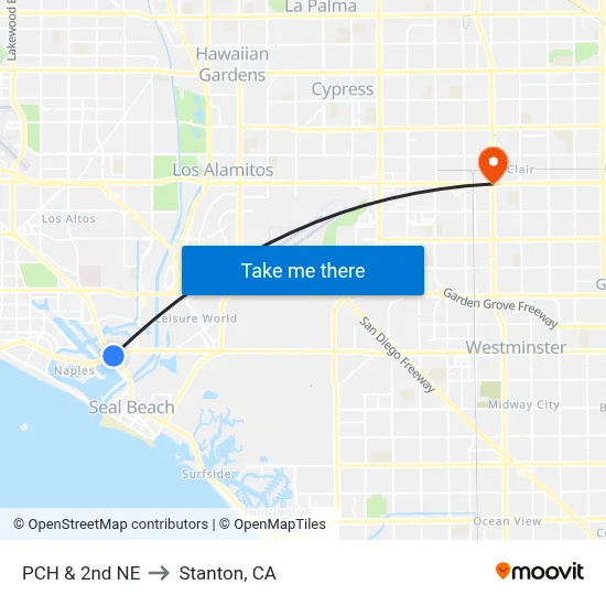 PCH & 2nd NE to Stanton, CA map