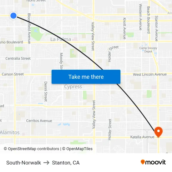 South-Norwalk to Stanton, CA map