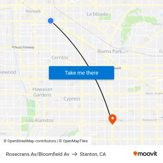 Rosecrans Av/Bloomfield Av to Stanton, CA map