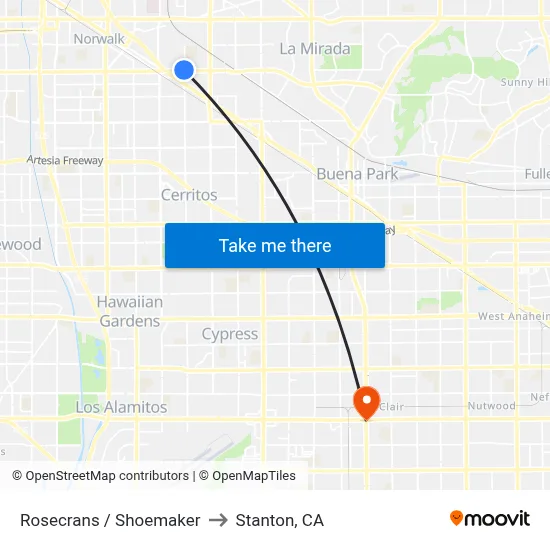 Rosecrans / Shoemaker to Stanton, CA map