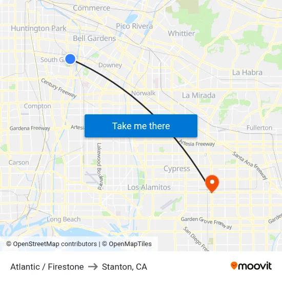 Atlantic / Firestone to Stanton, CA map