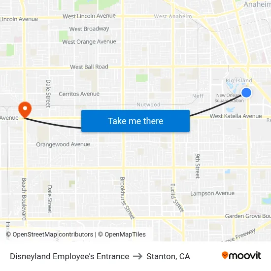 Disneyland Employee's Entrance to Stanton, CA map