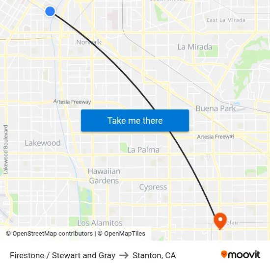 Firestone / Stewart and Gray to Stanton, CA map