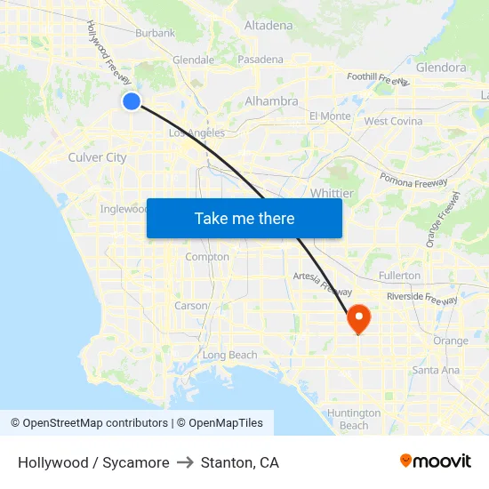 Hollywood / Sycamore to Stanton, CA map