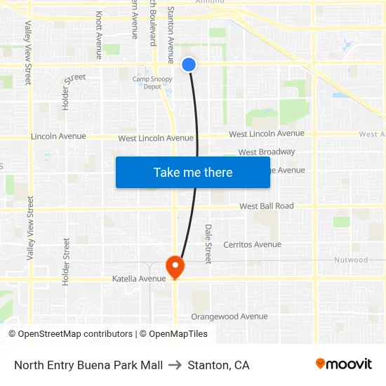 North Entry Buena Park Mall to Stanton, CA map