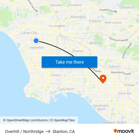 Overhill / Northridge to Stanton, CA map