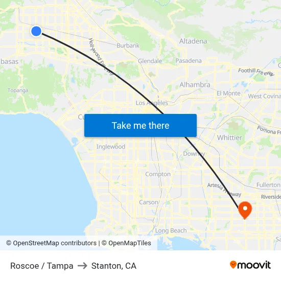 Roscoe / Tampa to Stanton, CA map