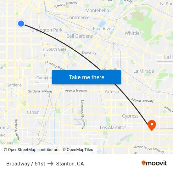 Broadway / 51st to Stanton, CA map