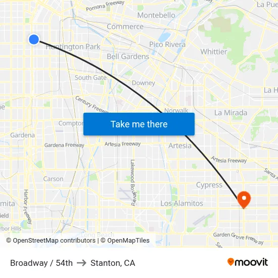 Broadway / 54th to Stanton, CA map
