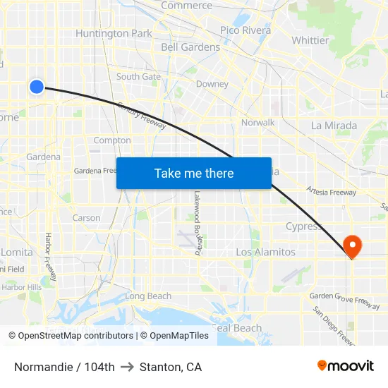 Normandie / 104th to Stanton, CA map