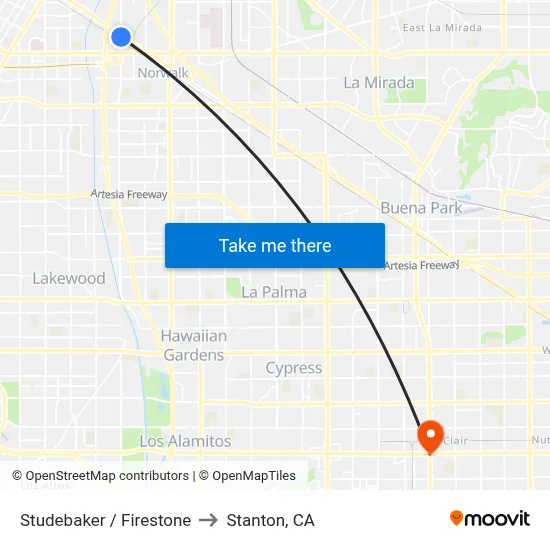 Studebaker / Firestone to Stanton, CA map