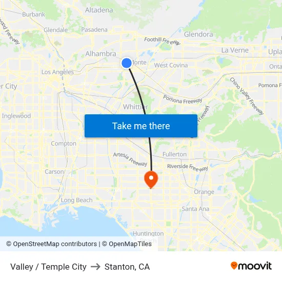 Valley / Temple City to Stanton, CA map