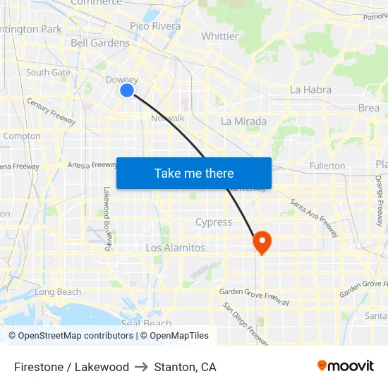 Firestone / Lakewood to Stanton, CA map