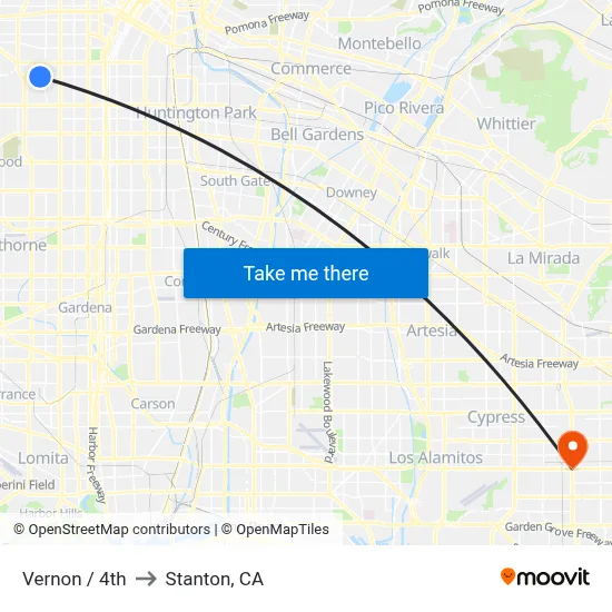 Vernon / 4th to Stanton, CA map