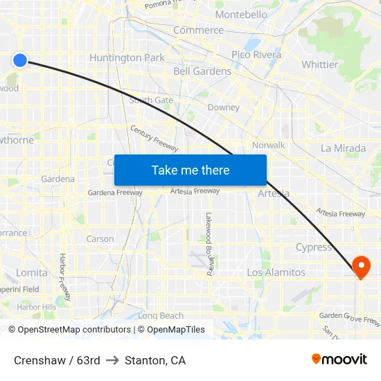 Crenshaw / 63rd to Stanton, CA map