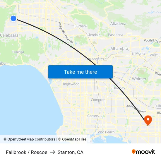 Fallbrook / Roscoe to Stanton, CA map