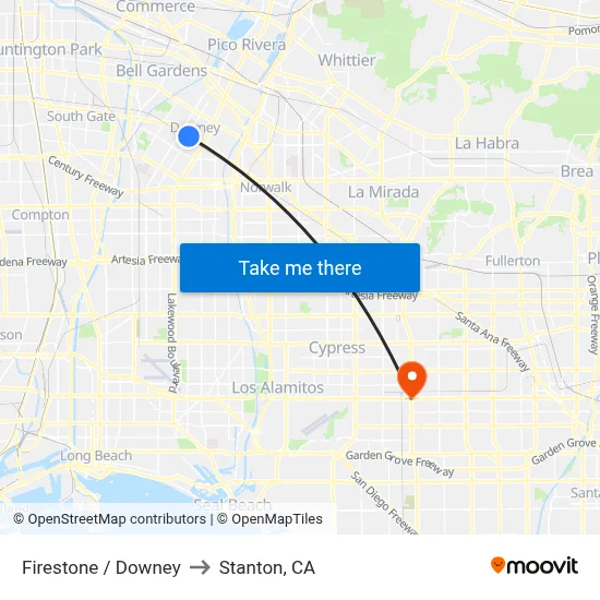 Firestone / Downey to Stanton, CA map