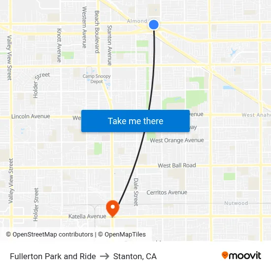 Fullerton Park and Ride to Stanton, CA map