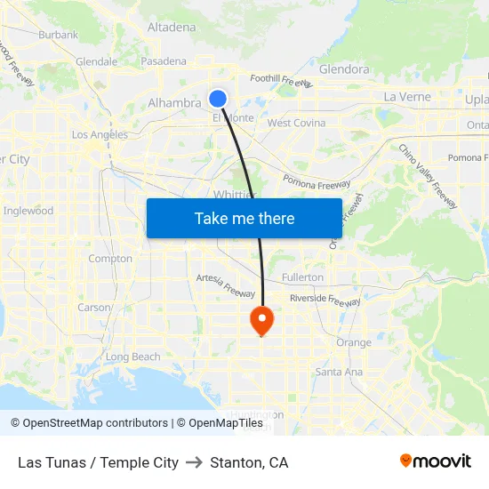 Las Tunas / Temple City to Stanton, CA map