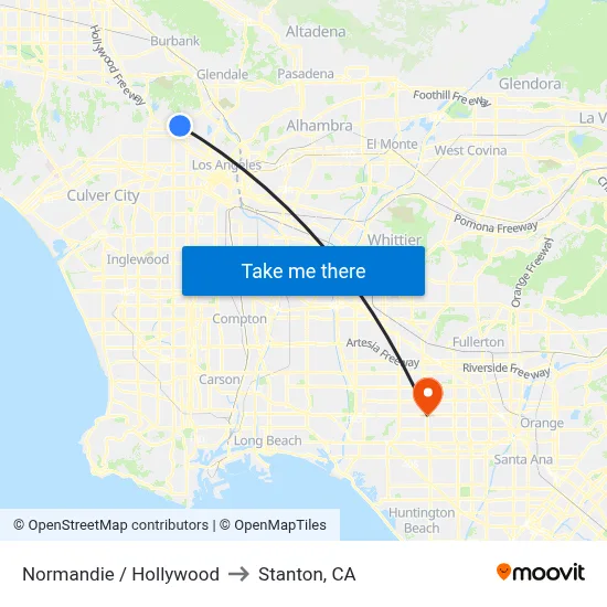 Normandie / Hollywood to Stanton, CA map