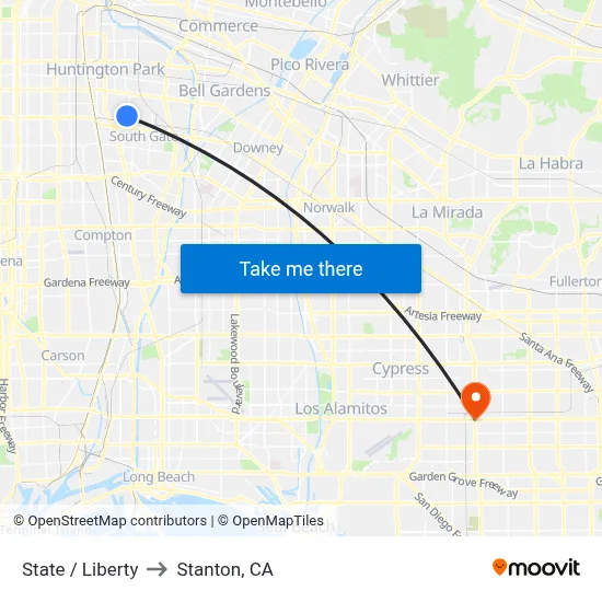 State / Liberty to Stanton, CA map