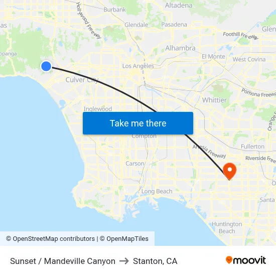 Sunset / Mandeville Canyon to Stanton, CA map