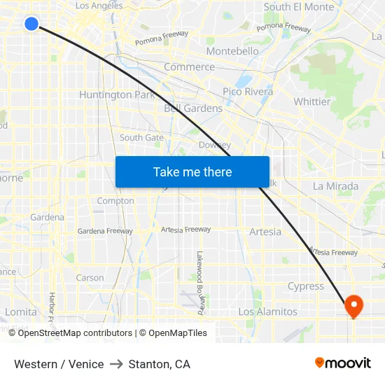 Western / Venice to Stanton, CA map