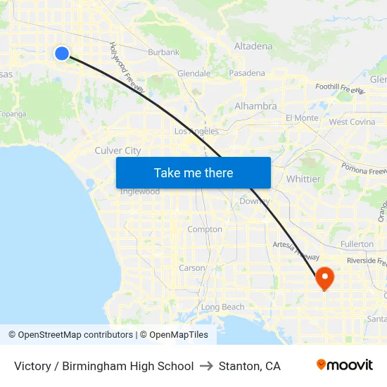 Victory / Birmingham High School to Stanton, CA map