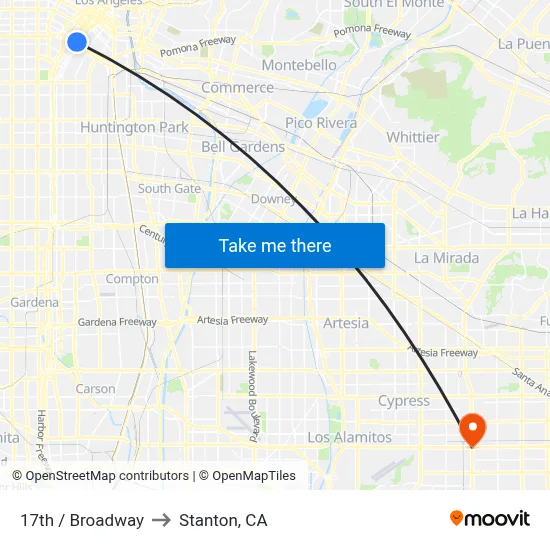 17th / Broadway to Stanton, CA map