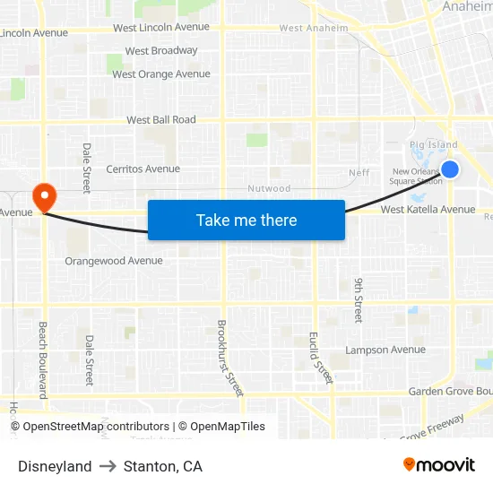 Disneyland to Stanton, CA map
