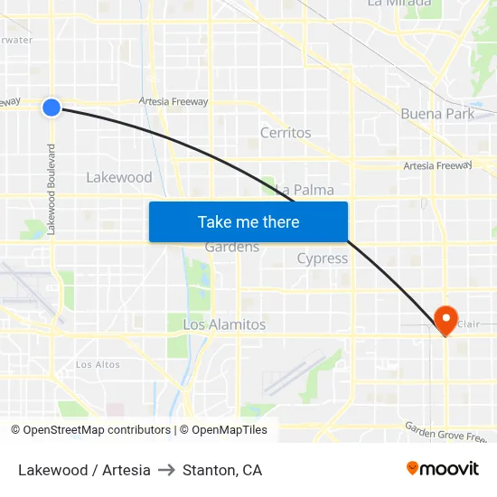 Lakewood / Artesia to Stanton, CA map