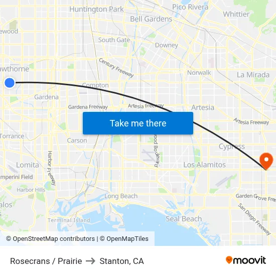 Rosecrans / Prairie to Stanton, CA map