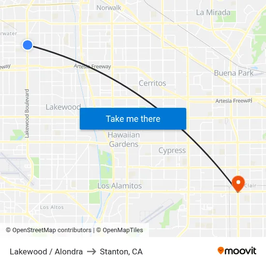 Lakewood / Alondra to Stanton, CA map