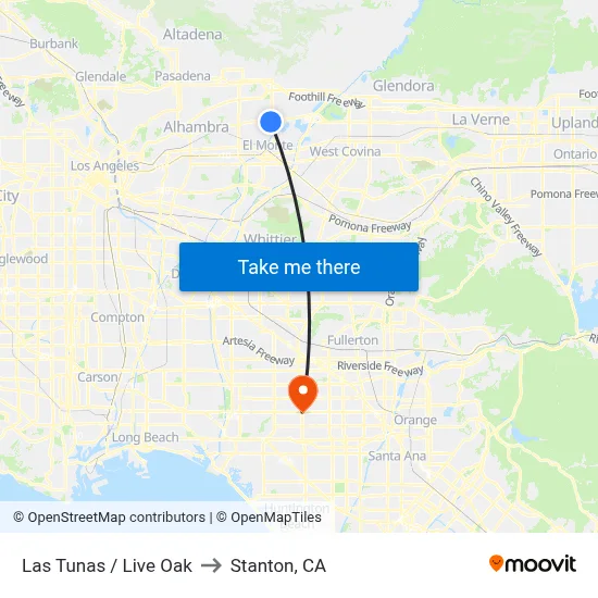 Las Tunas / Live Oak to Stanton, CA map