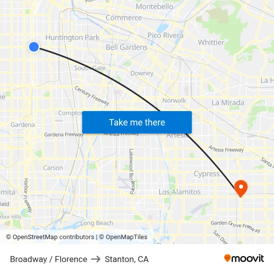 Broadway / Florence to Stanton, CA map