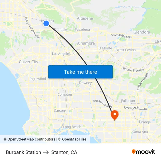 Burbank Station to Stanton, CA map