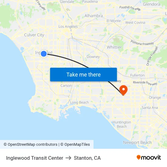 Inglewood Transit Center to Stanton, CA map