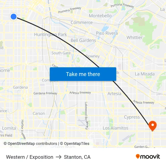 Western / Exposition to Stanton, CA map