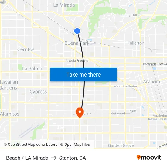Beach / La Mirada to Stanton, CA map