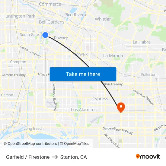 Garfield / Firestone to Stanton, CA map