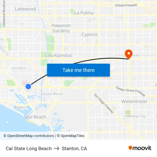 Cal State Long Beach to Stanton, CA map