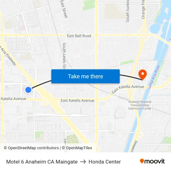 Motel 6 Anaheim CA Maingate to Honda Center map