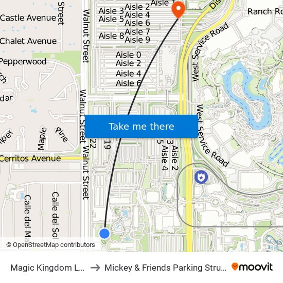 Magic Kingdom Lawn to Mickey & Friends Parking Structure map