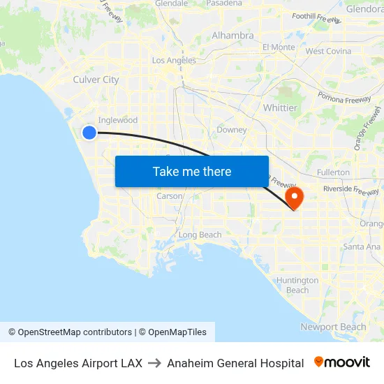Los Angeles Airport LAX to Anaheim General Hospital map