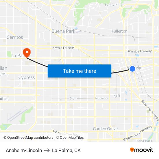 Anaheim-Lincoln to La Palma, CA map