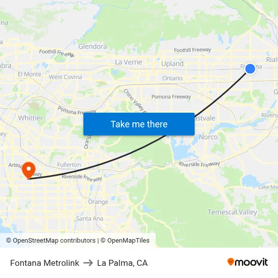 Fontana Metrolink to La Palma, CA map