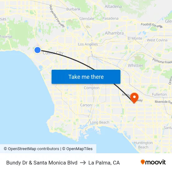 Bundy Dr & Santa Monica Blvd to La Palma, CA map