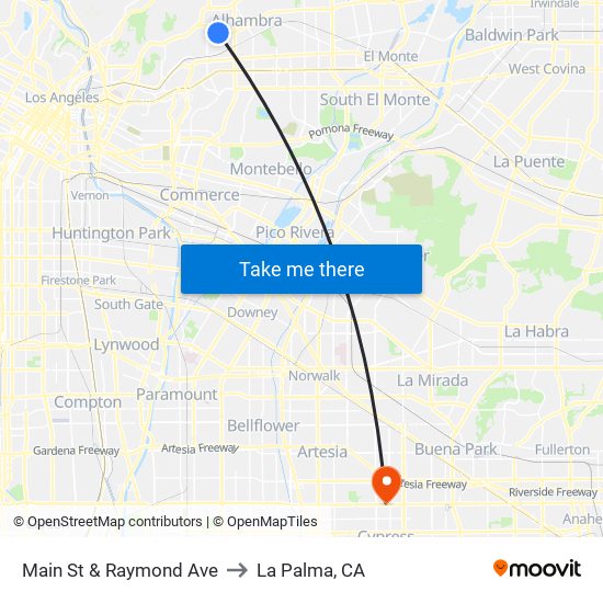 Main St & Raymond Ave to La Palma, CA map
